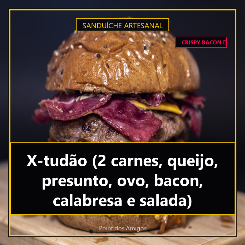 X-tudão (2 carnes, queijo, presunto, ovo, bacon, calabresa e salada)