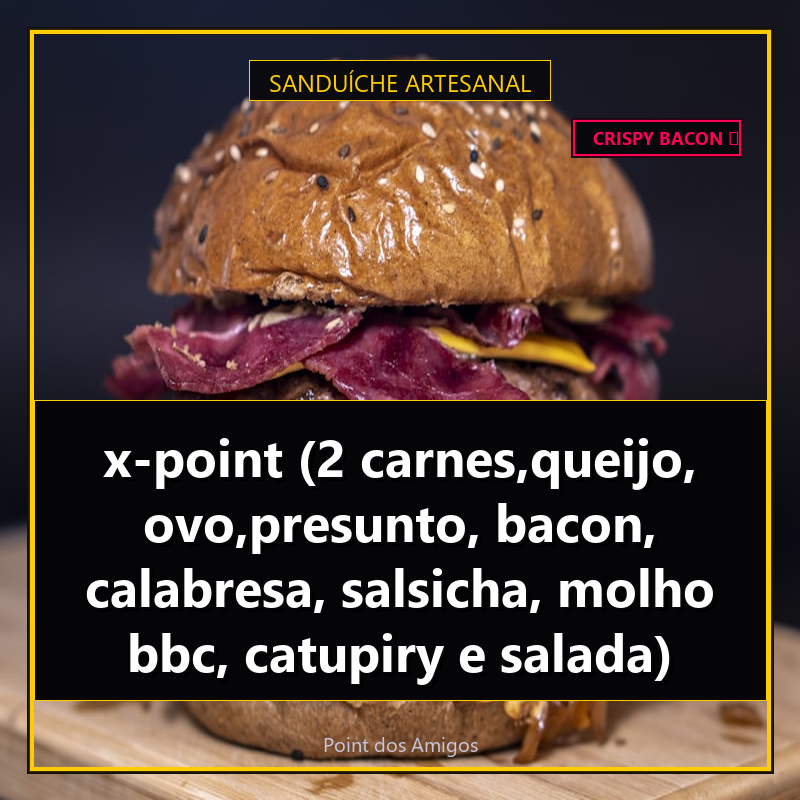 x-point (2 carnes,queijo, ovo,presunto, bacon, calabresa, salsicha, molho bbc, catupiry e salada)